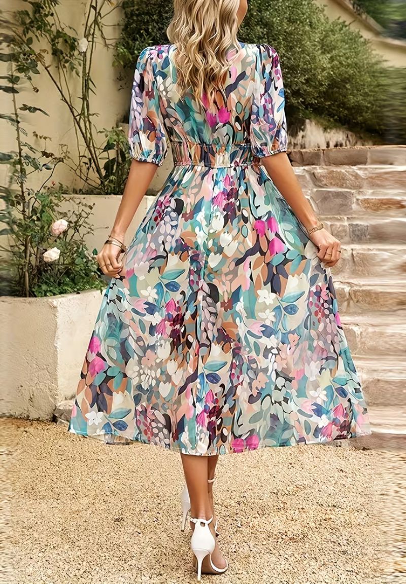 Rochie maxi de vară pentru femei, cu imprimeu floral, decolteu în V, mâneci bufante și croială fluidă