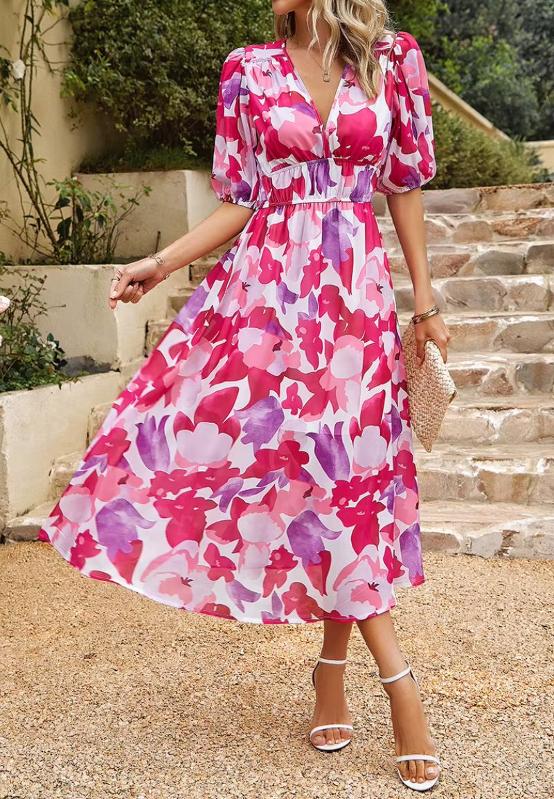 Rochie maxi de vară pentru femei, cu imprimeu floral, decolteu în V, mâneci bufante și croială fluidă