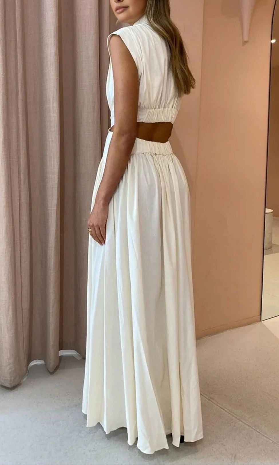 Women’s High Neck Maxi Dress Sleeveless Cut Out Waist Elegant Flowing Style