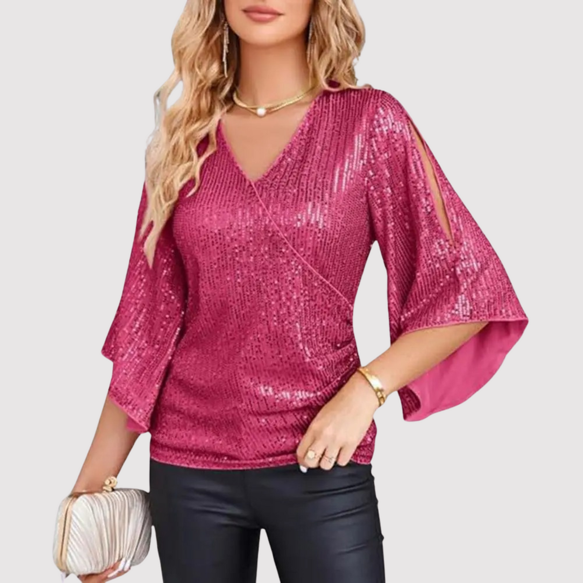 Elegante paillettenwikkelblouse voor dames met V-hals en splitmouwen met wijde pijpen - glanzende avondtop voor feesten en bijzondere gelegenheden