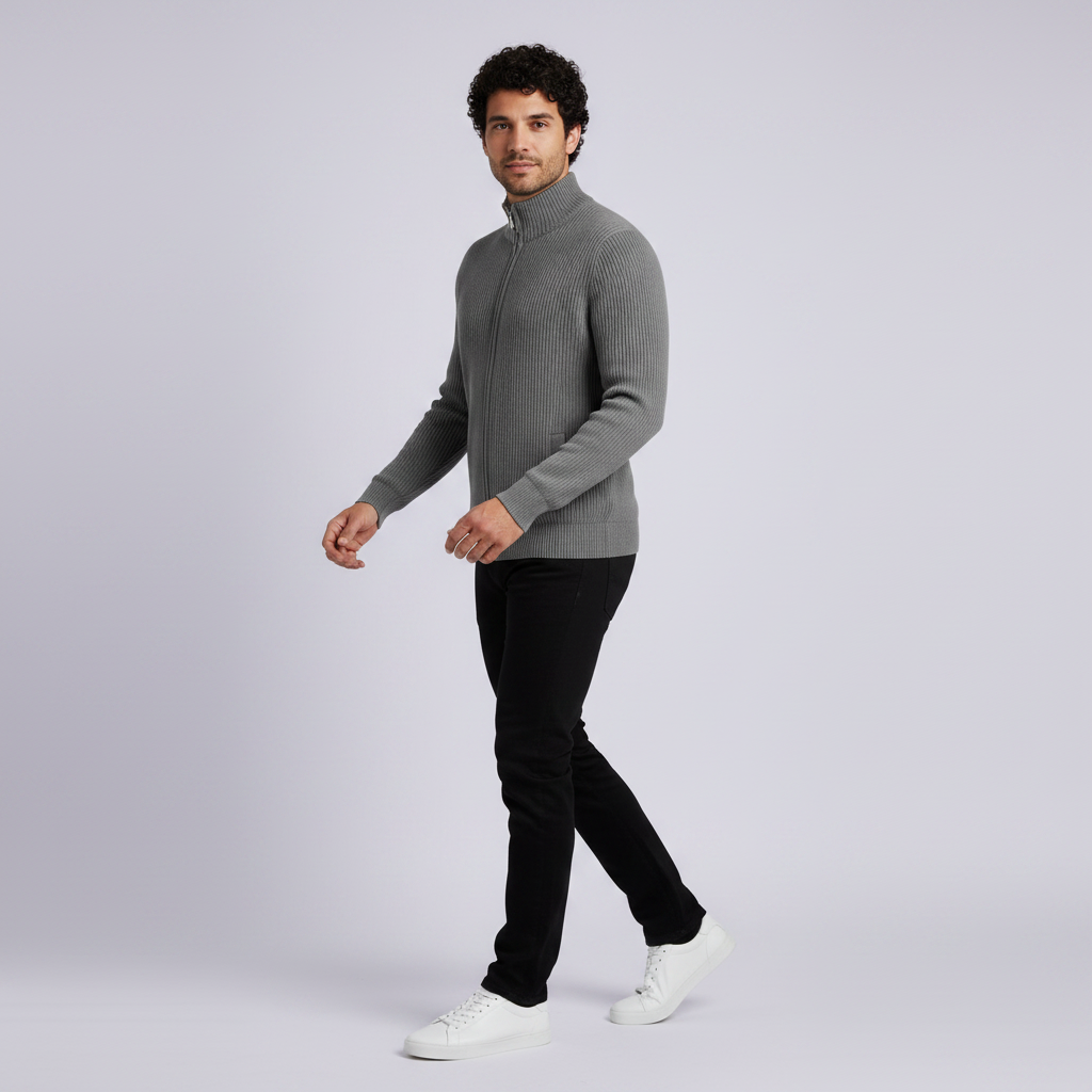Men’s Stand-Collar Zip Cardigan – Slim-Fit Ribbed Knit for Office and Weekend Wear