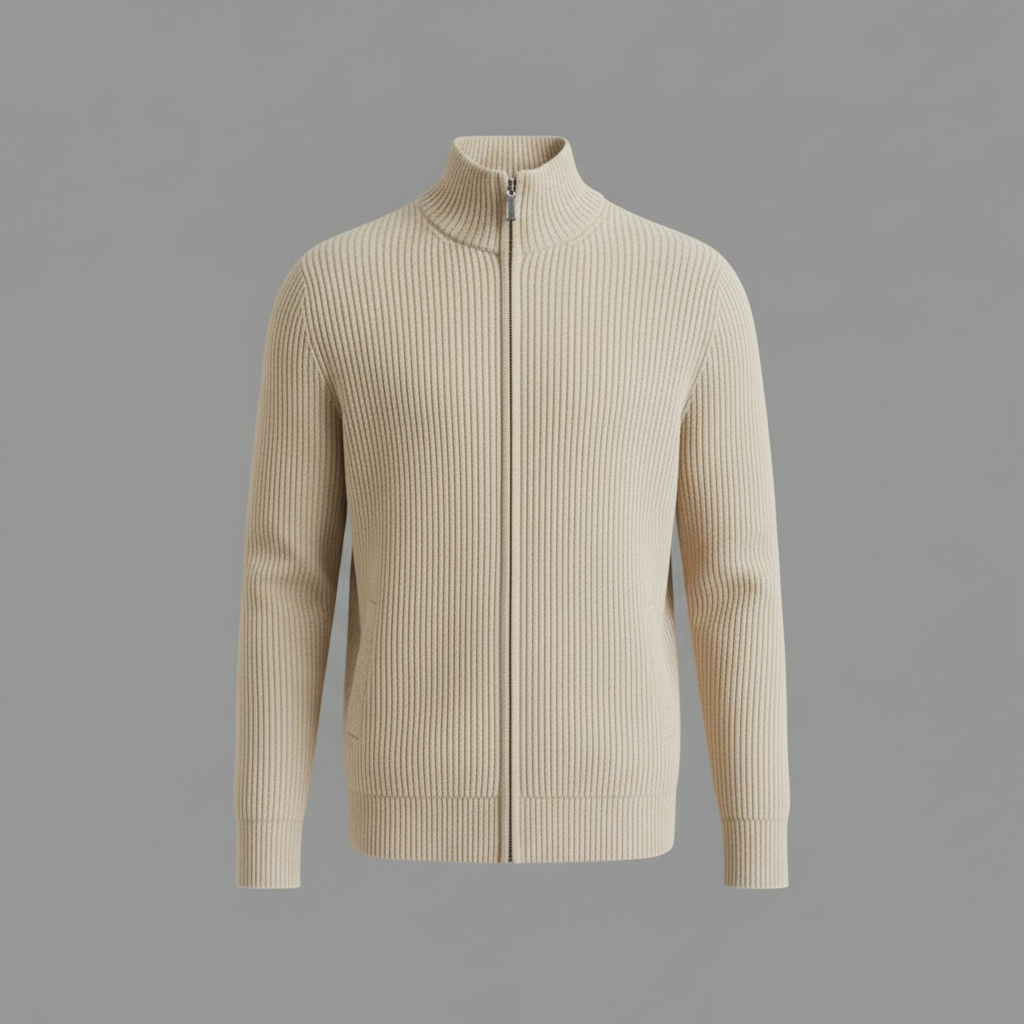 Men’s Stand-Collar Zip Cardigan – Slim-Fit Ribbed Knit for Office and Weekend Wear
