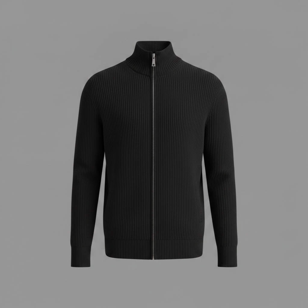 Men’s Stand-Collar Zip Cardigan – Slim-Fit Ribbed Knit for Office and Weekend Wear