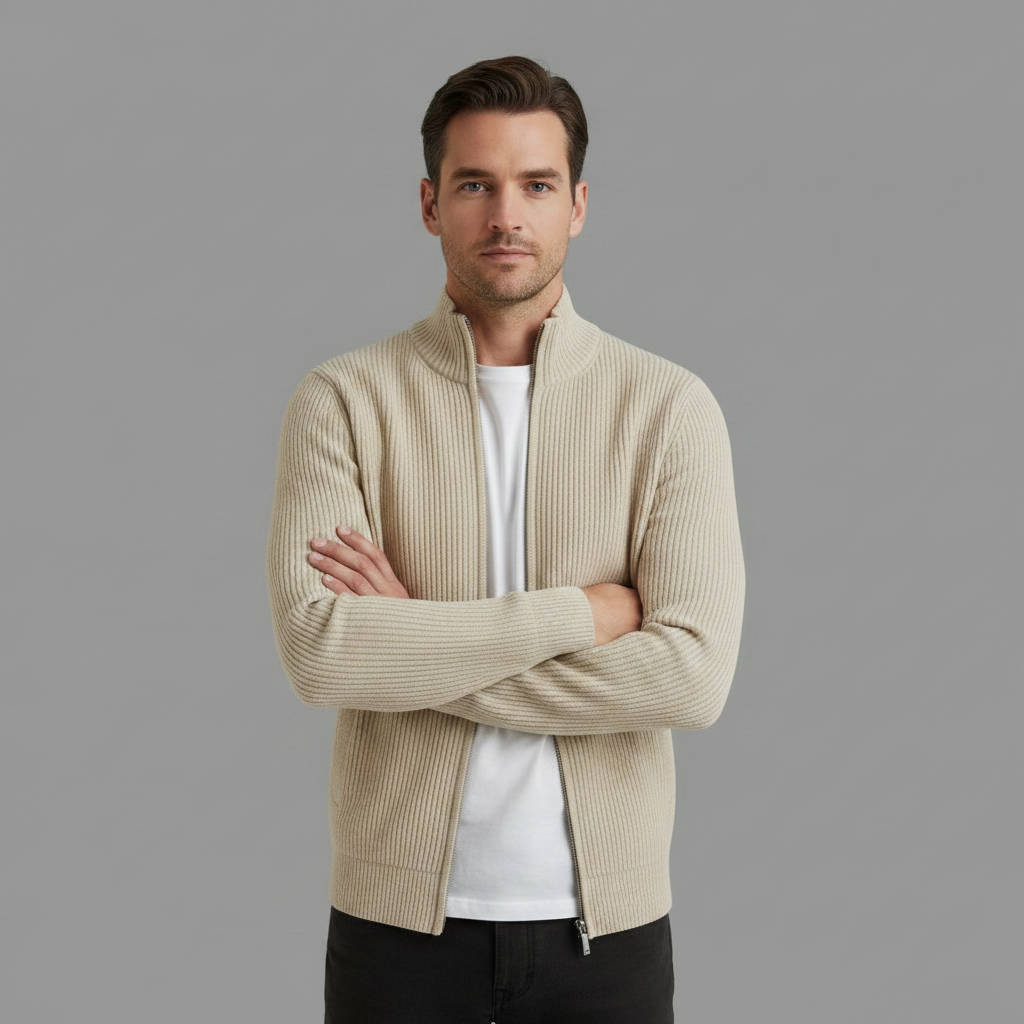 Men’s Stand-Collar Zip Cardigan – Slim-Fit Ribbed Knit for Office and Weekend Wear