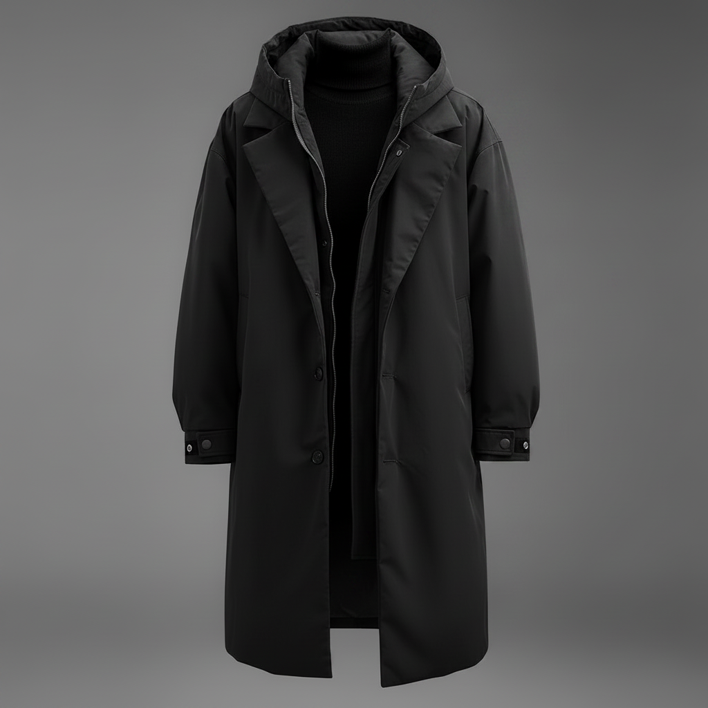 Trench-coat imperméable à capuche pour homme – couche longue résistante aux intempéries, idéale en ville et en voyage