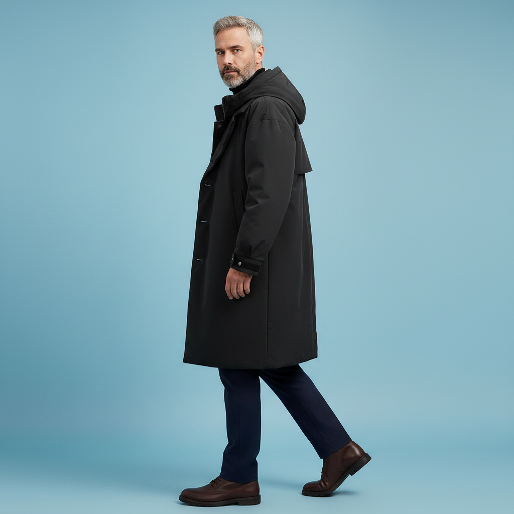 Trench-coat imperméable à capuche pour homme – couche longue résistante aux intempéries, idéale en ville et en voyage