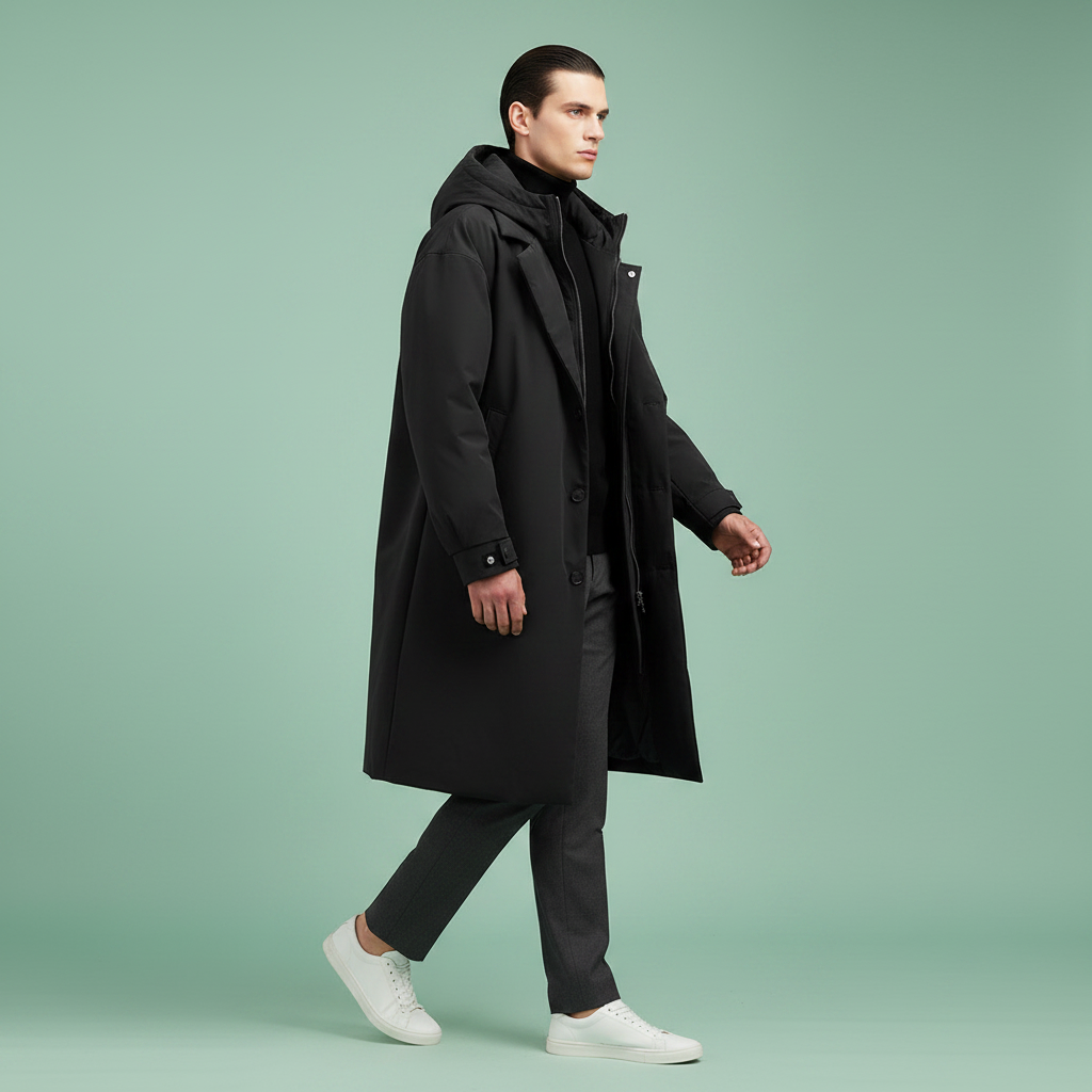 Trench-coat imperméable à capuche pour homme – couche longue résistante aux intempéries, idéale en ville et en voyage