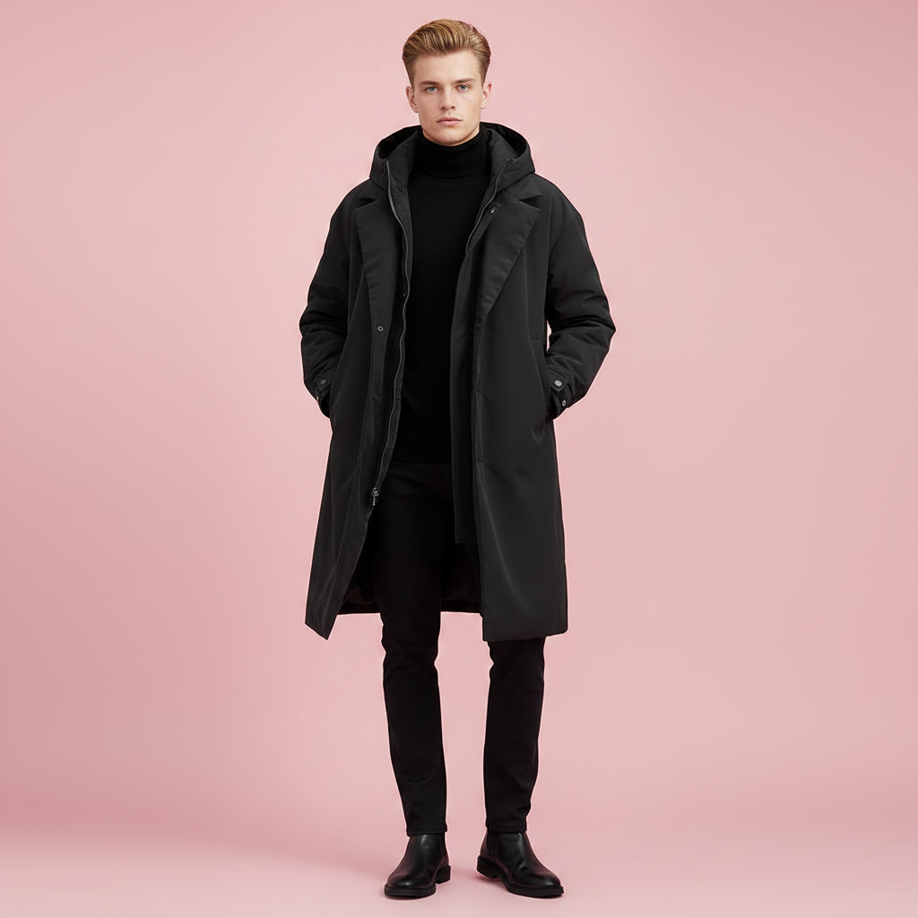 Trench-coat imperméable à capuche pour homme – couche longue résistante aux intempéries, idéale en ville et en voyage