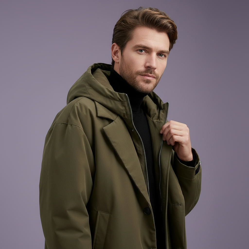 Trench-coat imperméable à capuche pour homme – couche longue résistante aux intempéries, idéale en ville et en voyage
