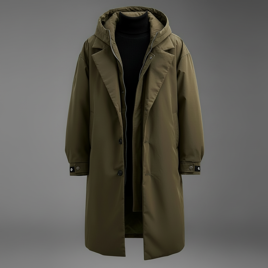 Trench-coat imperméable à capuche pour homme – couche longue résistante aux intempéries, idéale en ville et en voyage