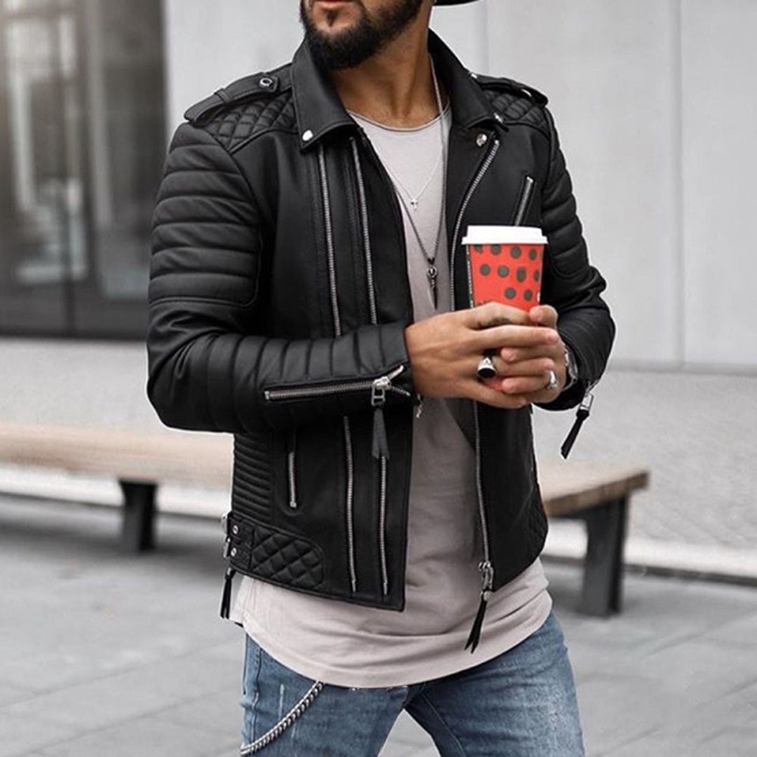 Men’s Quilted Leather Biker Jacket – Padded Zip-Up Style for Autumn City Wear