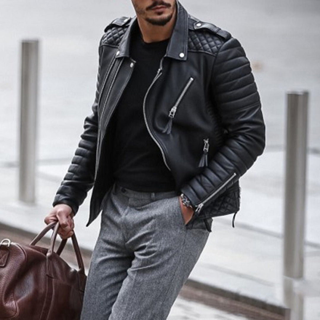 Men’s Quilted Leather Biker Jacket – Padded Zip-Up Style for Autumn City Wear
