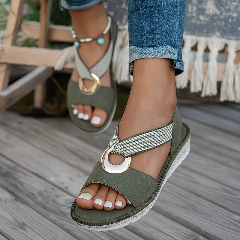 Women’s Sandals Crescent Ring Cross Strap Comfort Slides