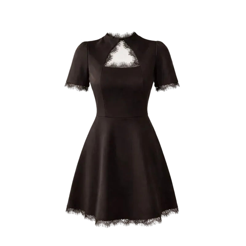 Mini-robe ajustée pour femme avec empiècements ajourés et bordure en dentelle, style de soirée pour fêtes et événements