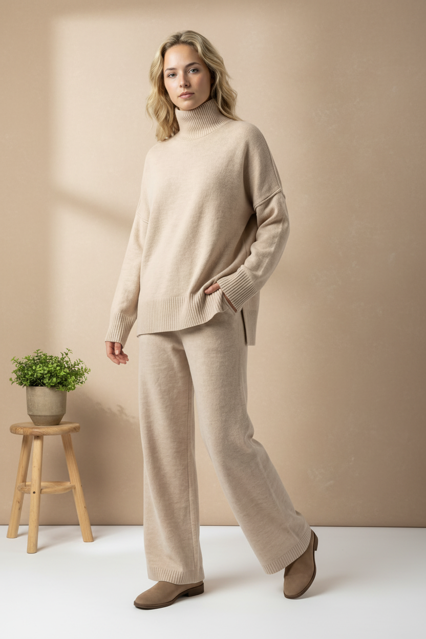 Women’s Knitted Lounge Set Oversized Turtleneck Wide Leg Trousers