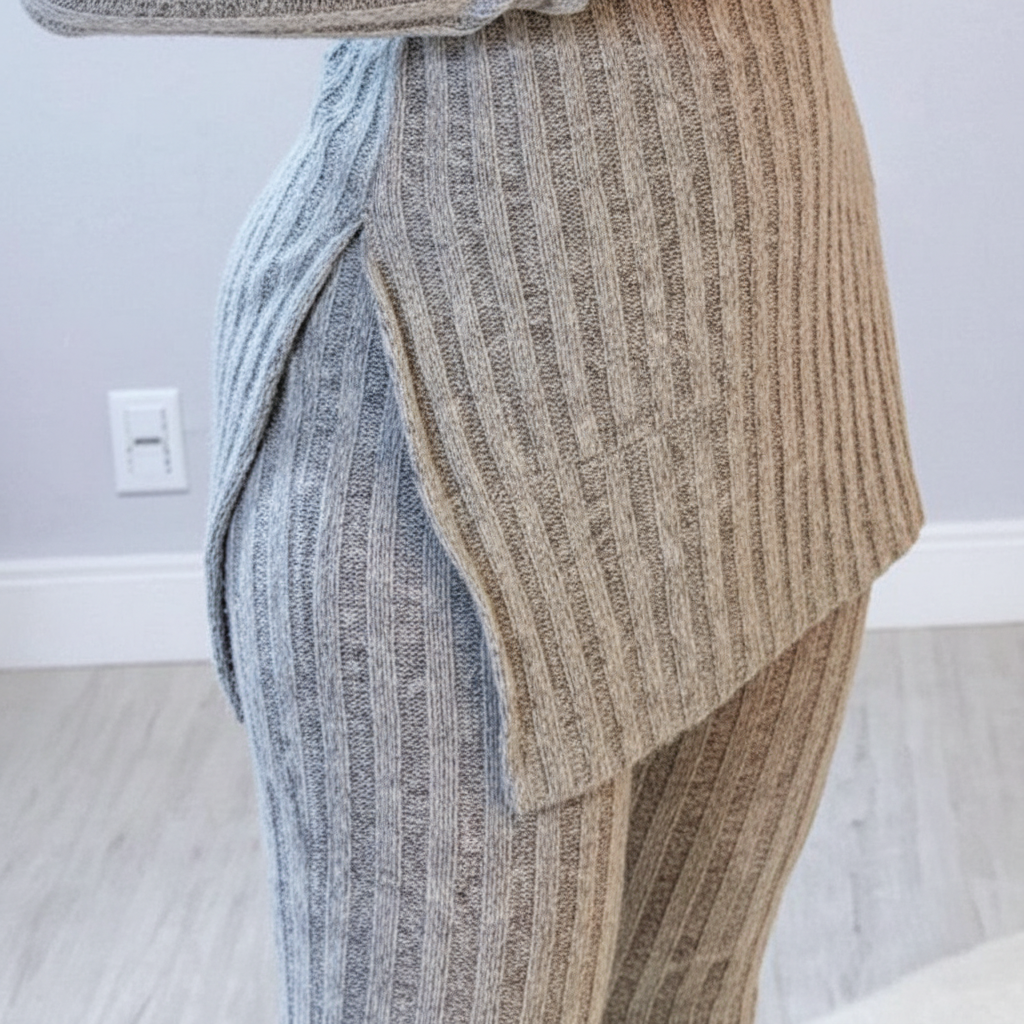 Ensemble deux pièces côtelé pour femme à col montant – haut long et pantalon ajusté
