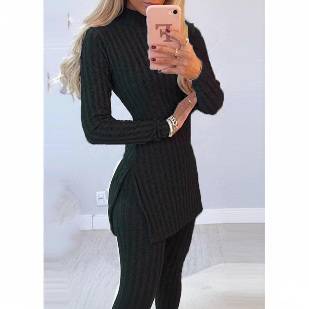 Ensemble deux pièces côtelé pour femme à col montant – haut long et pantalon ajusté