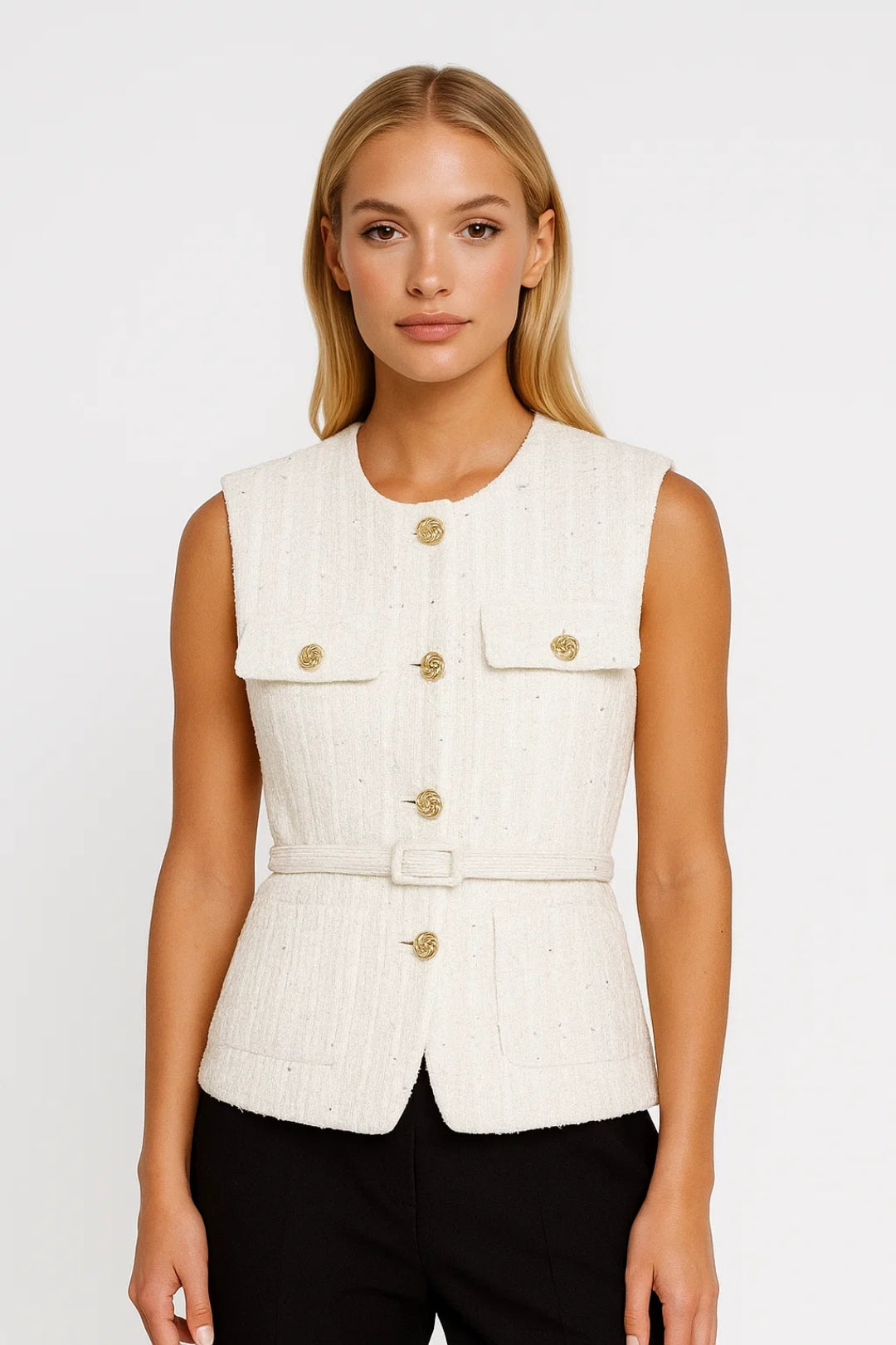 Gilet da donna strutturato con cintura e bottoni decorativi