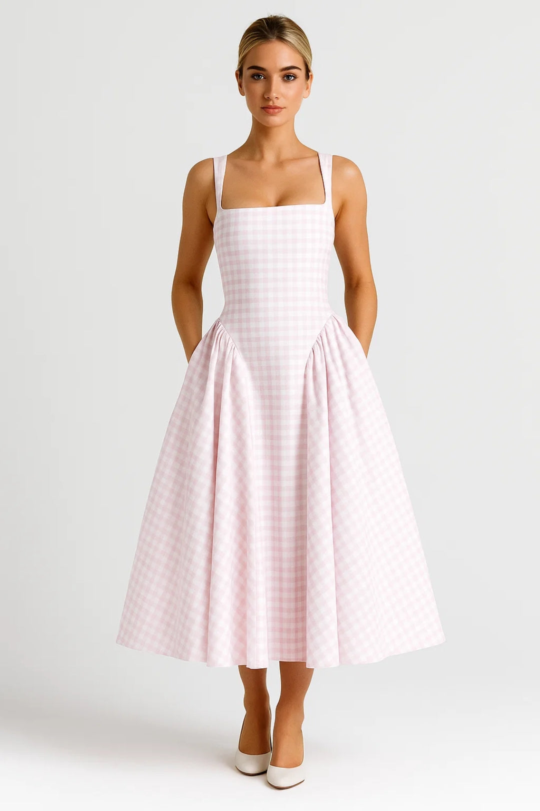 Vestito midi da donna con scollo quadrato stampato e gonna ampia