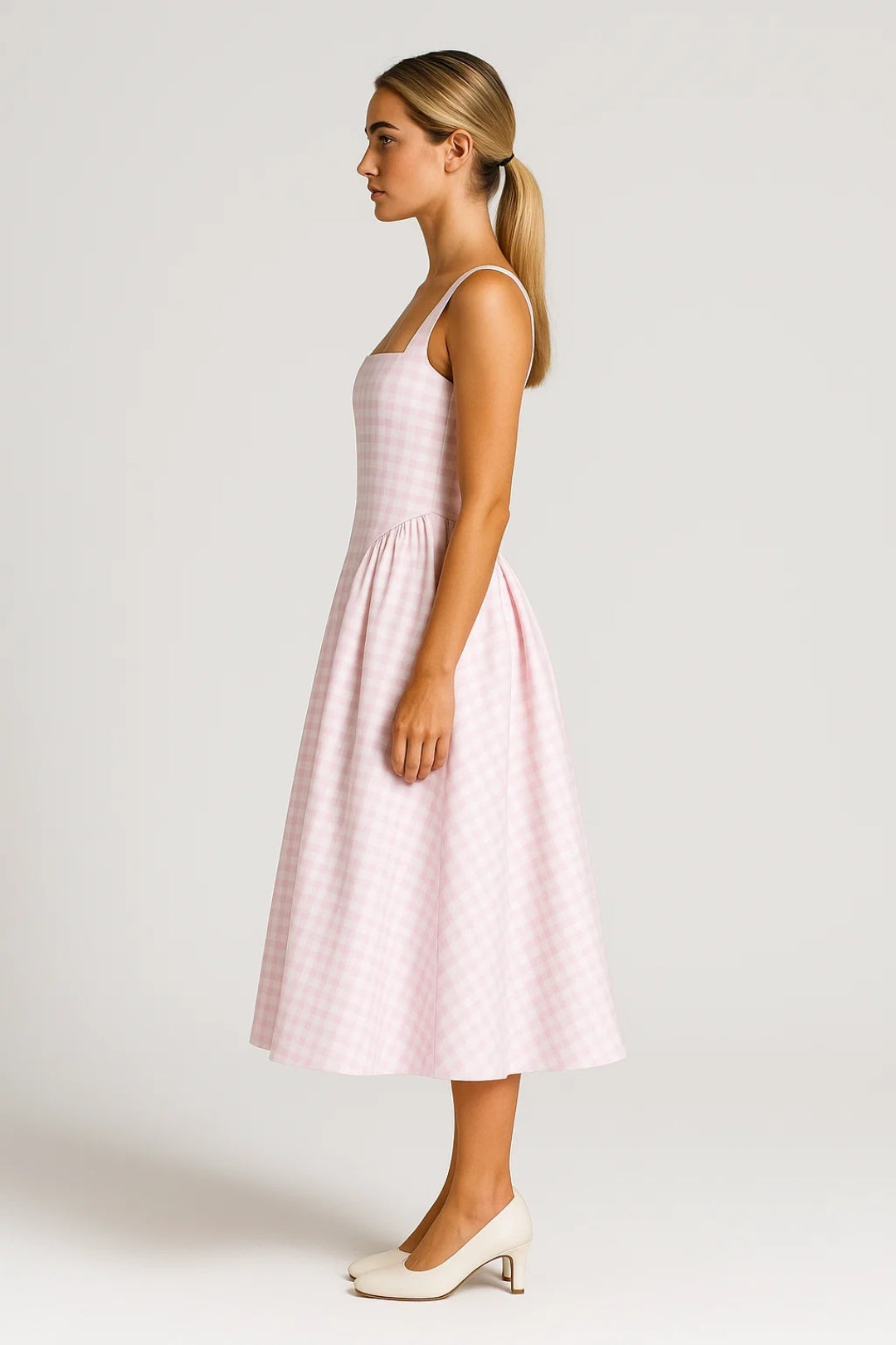 Vestito midi da donna con scollo quadrato stampato e gonna ampia