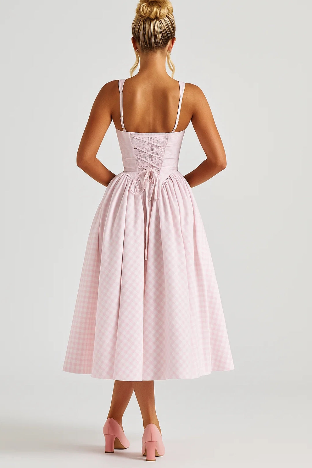 Vestito midi da donna con scollo quadrato stampato e gonna ampia