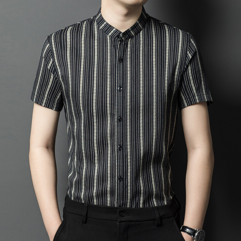 Men’s Short Sleeve Shirt Vertical Stripe Tailored Summer Button Up