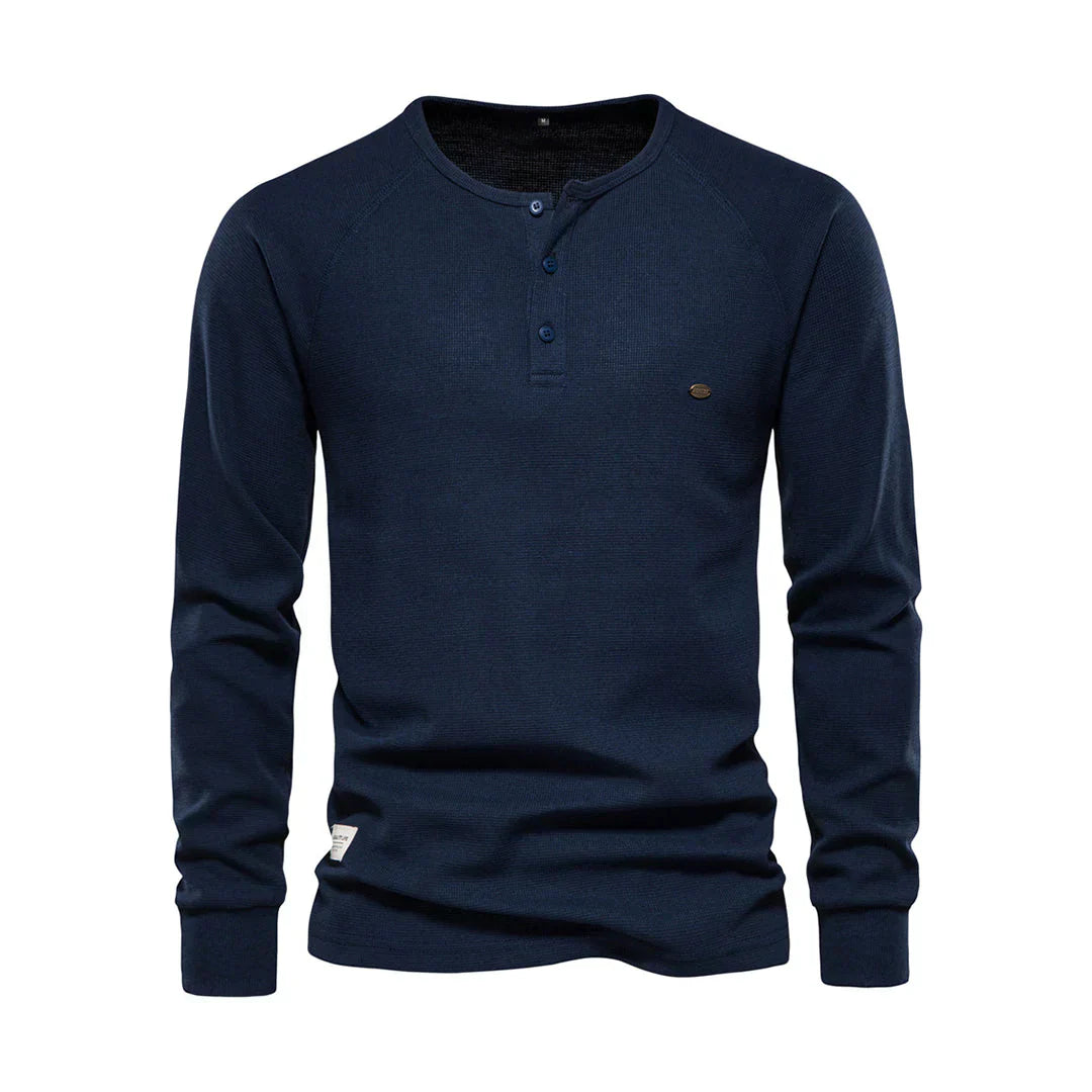 Camiseta Henley para hombre, manga larga, cuello con botones, casual