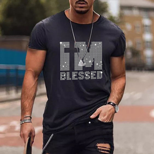 Herre T-shirt med grafik, rhinsten og krone-logo, slim fit top