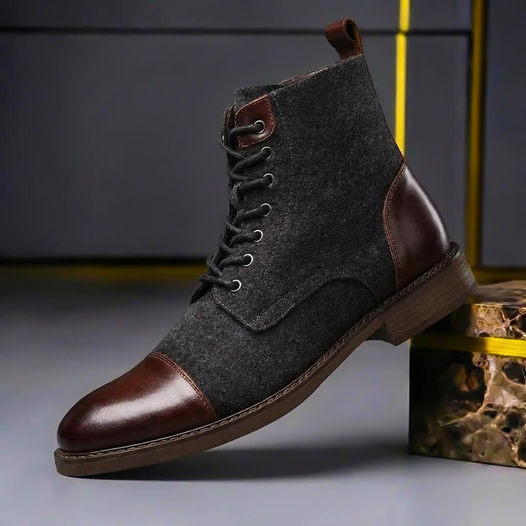 Bottes d’hiver pour homme en cuir et laine vierge – chaussures chaudes à lacets pour les déplacements en ville par temps froid