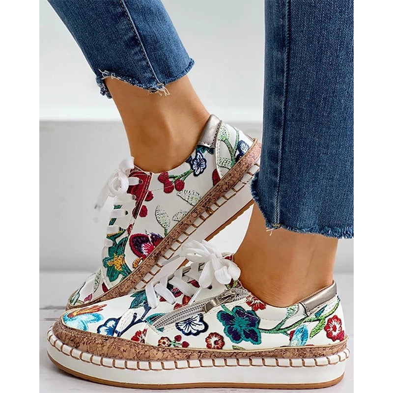 Women’s Printed Zip Sneakers with Stitched Low Sole