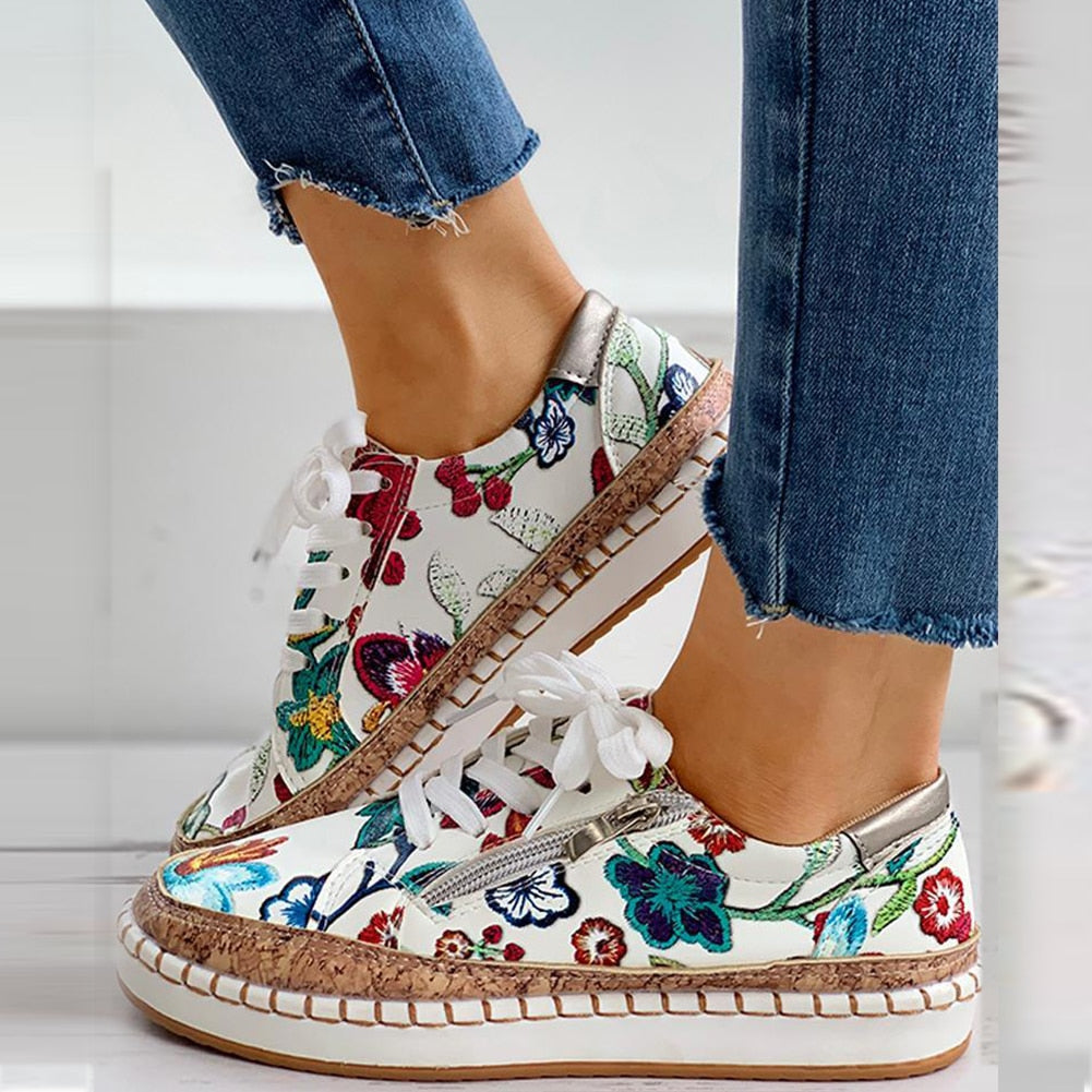 Women’s Printed Zip Sneakers with Stitched Low Sole