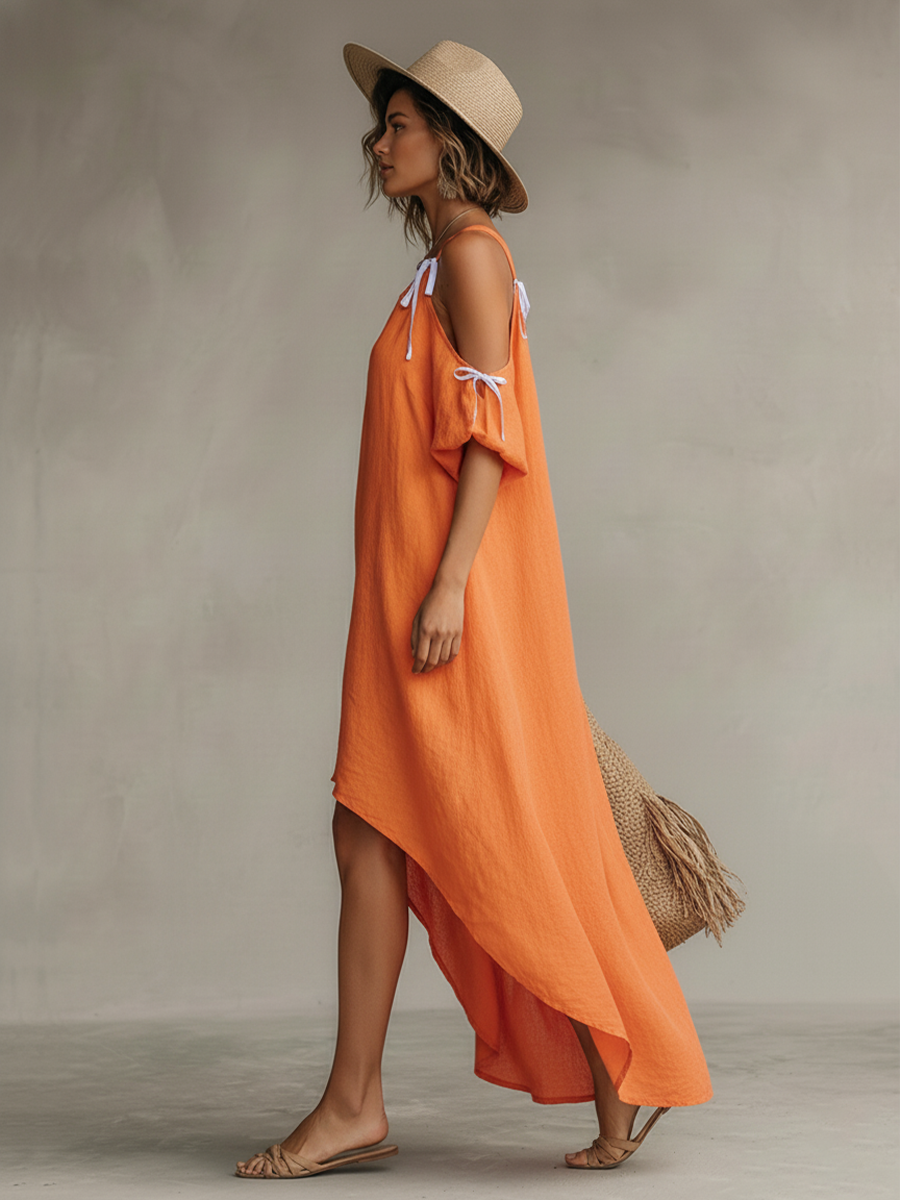 Women’s Dress Tie Strap Cold Shoulder High Low Maxi