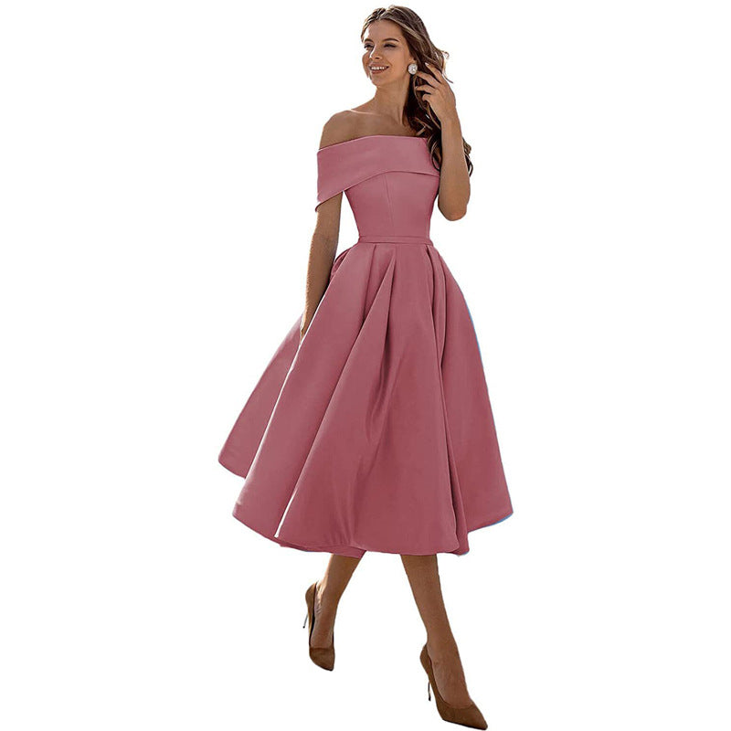 Women’s Dress Off-Shoulder Pleated A-Line Midi Silhouette