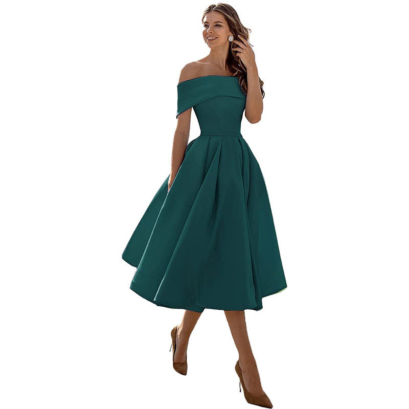 Women’s Dress Off-Shoulder Pleated A-Line Midi Silhouette