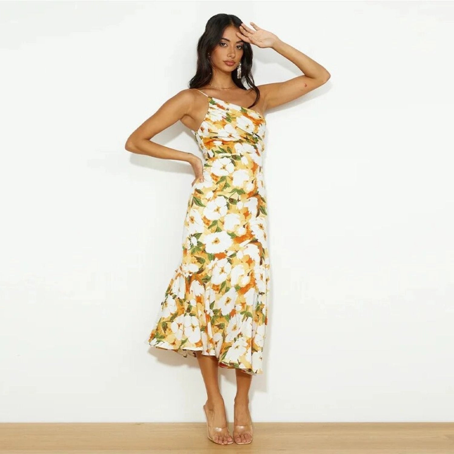 Women’s One Shoulder Printed Midi Dress With Fluted Hem