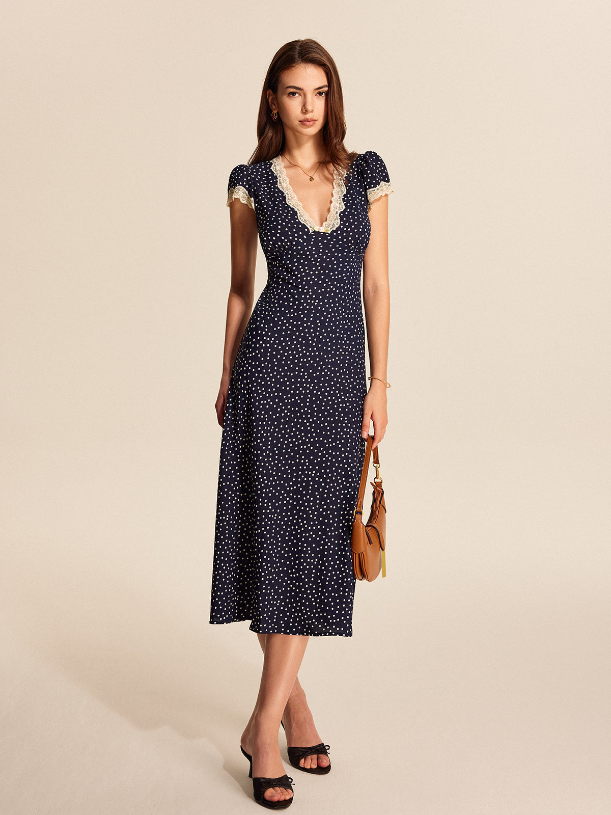 Women’s Printed Midi Dress With Lace V Neck Trim