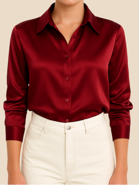 Damessatijnen shirt met knoopsluiting aan de voorkant en klassieke kraag - soepel vallend en met lange mouwen voor werk en avondkleding