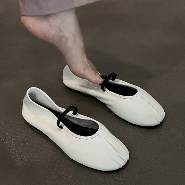Bailarinas Mary Jane con correa elástica para mujer – Zapatos sin cordones de aspecto de cuero liso, con detalle inspirado en la punta dividida, ideales para el día a día
