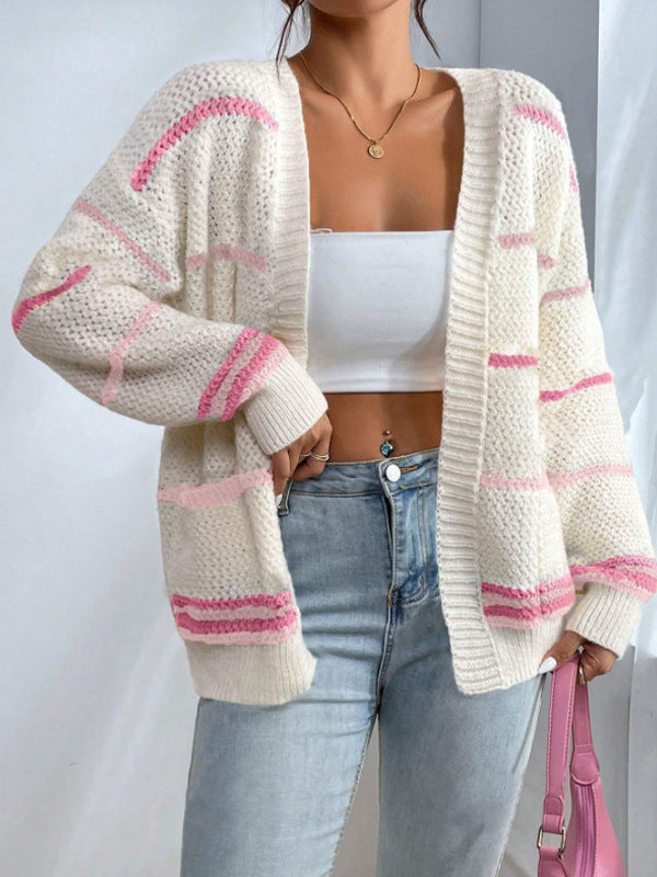 Oversized damesvest van grof open breisel - zachte laag met print en lange mouwen voor de herfst en winter