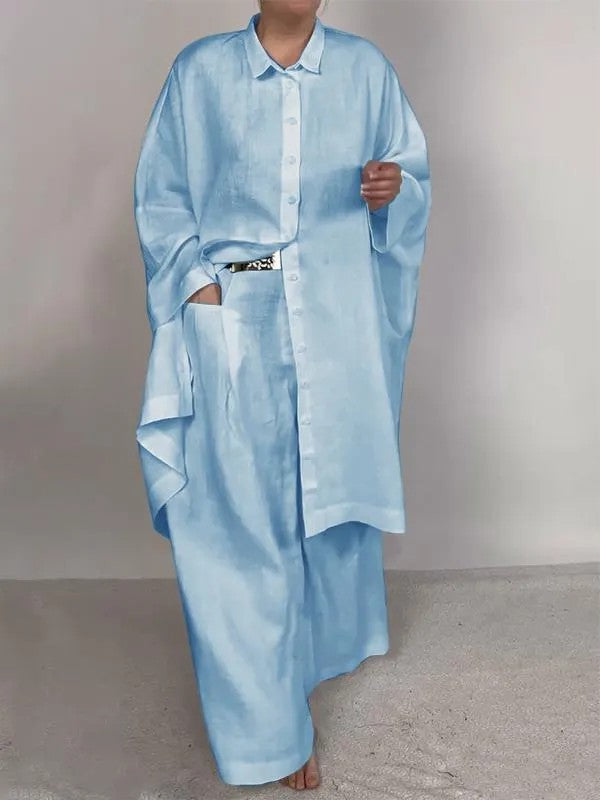 Women’s Asymmetric Shirt Trouser Set – Oversized Button-Front Top with Wide-Leg Pocket Trousers for Casual Wear
