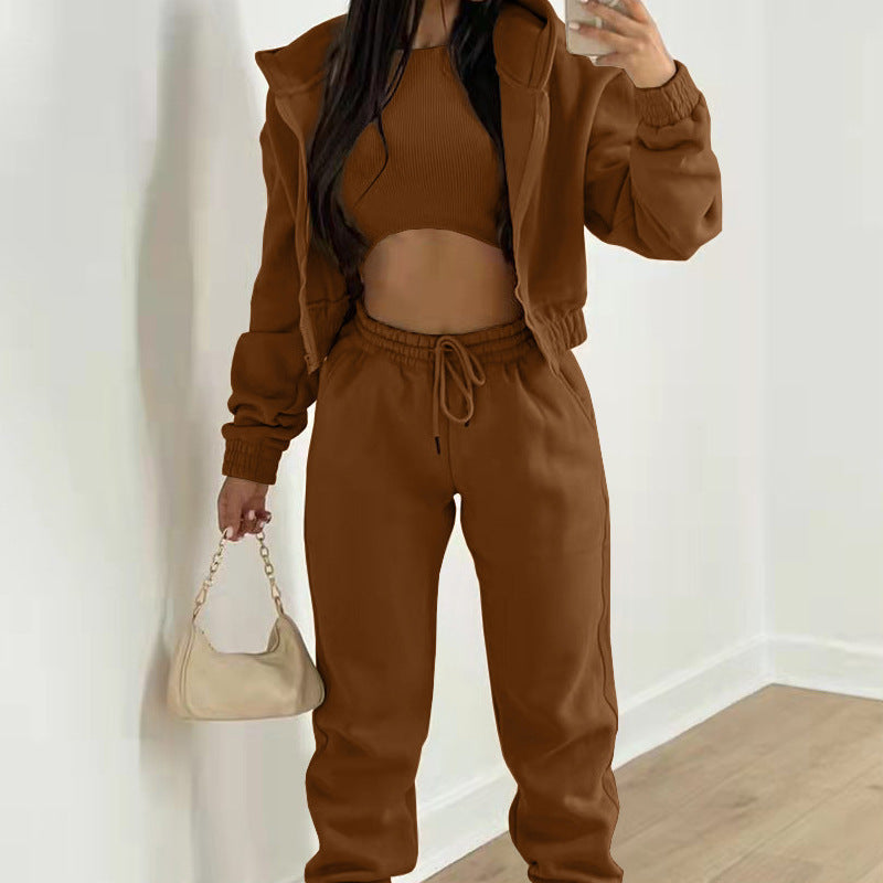 Women’s Three-Piece Athleisure Co-Ord Set – Cropped Ribbed Tank Top with Zip-Up Hoodie and Drawstring Joggers for Casual Wear