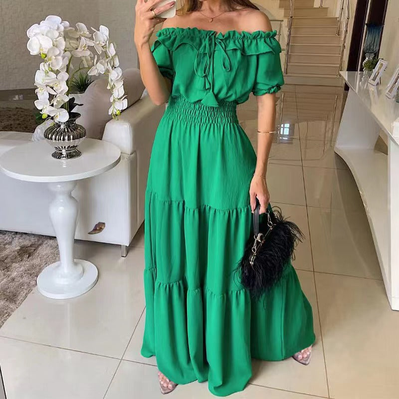 Abito maxi da donna con spalle scoperte, balze e vita arricciata – scollo con volant, modello estivo da vacanza