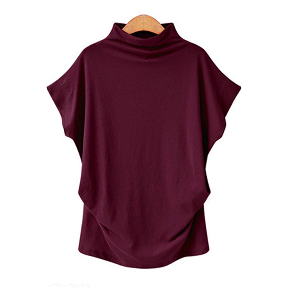 Women’s Draped High Neck Top with Short Batwing Sleeves and Asymmetric Hem – Relaxed Oversized Style for Smart Casual and Evening Outfits