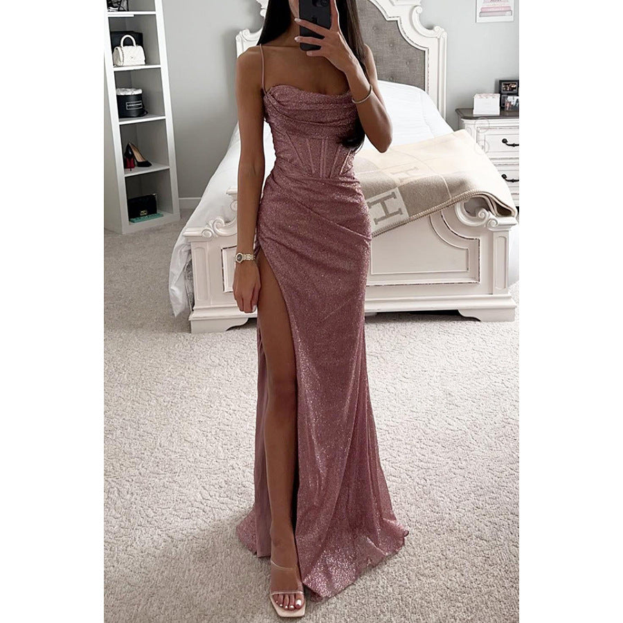 Vestido largo de noche para mujer con brillo en oro rosa y abertura en el dobladillo