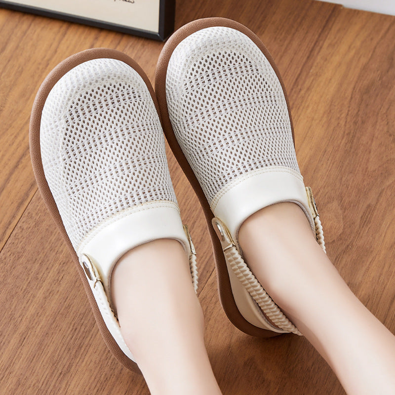 Zuecos de malla para mujer con tira trasera y puntera redondeada – Zapatos planos informales para el día a día en verano