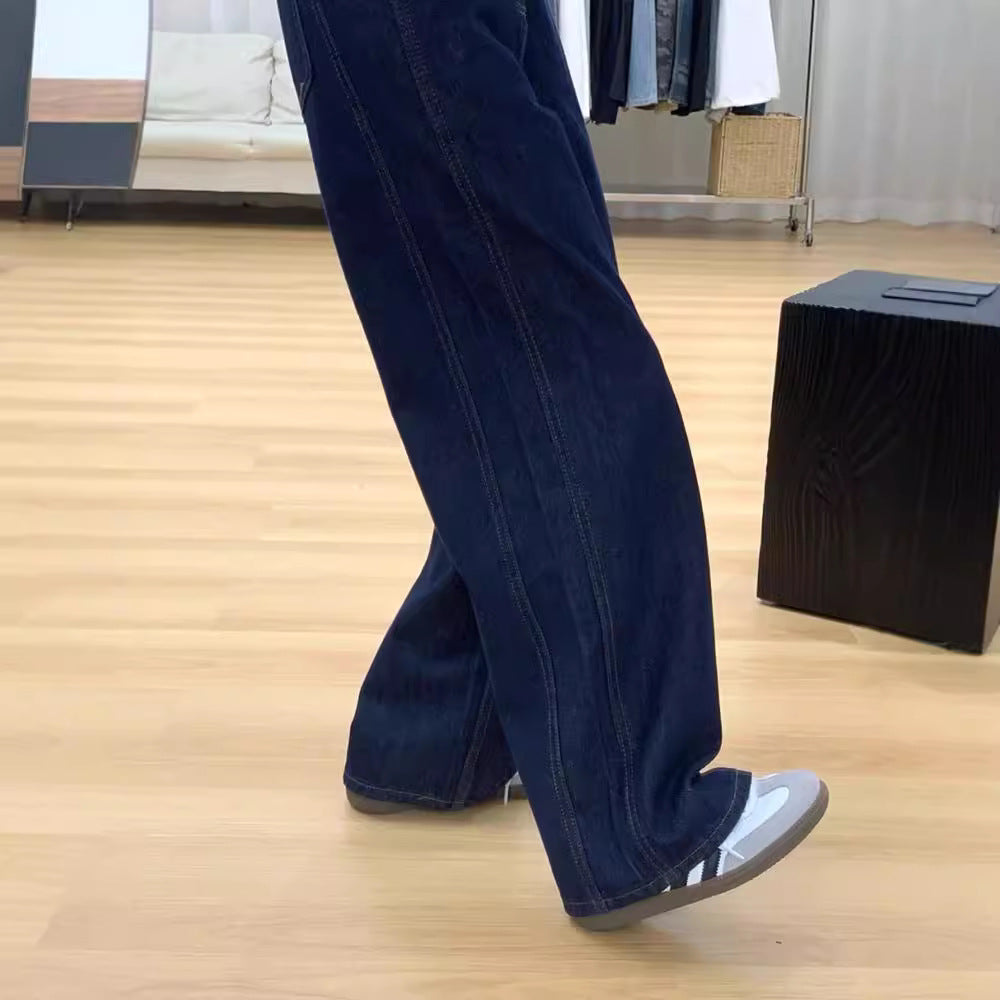 Damejeans med høj talje, gulvlængde og vide ben i denim
