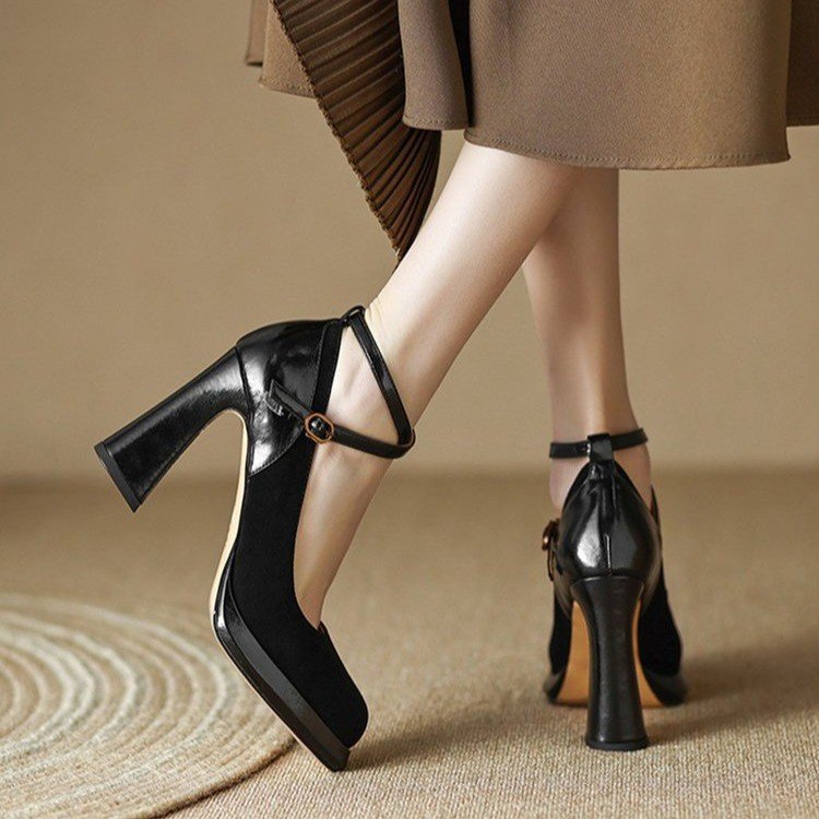 Zapatos de salón para mujer con tira en el tobillo y tacón acampanado – Zapatos para ocasiones especiales con punta redondeada y cierre de hebilla