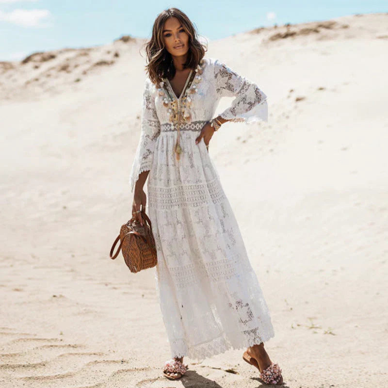 Women’s Long-Sleeve Boho Maxi Dress – Resort Style for Beach Holidays and Summer Events