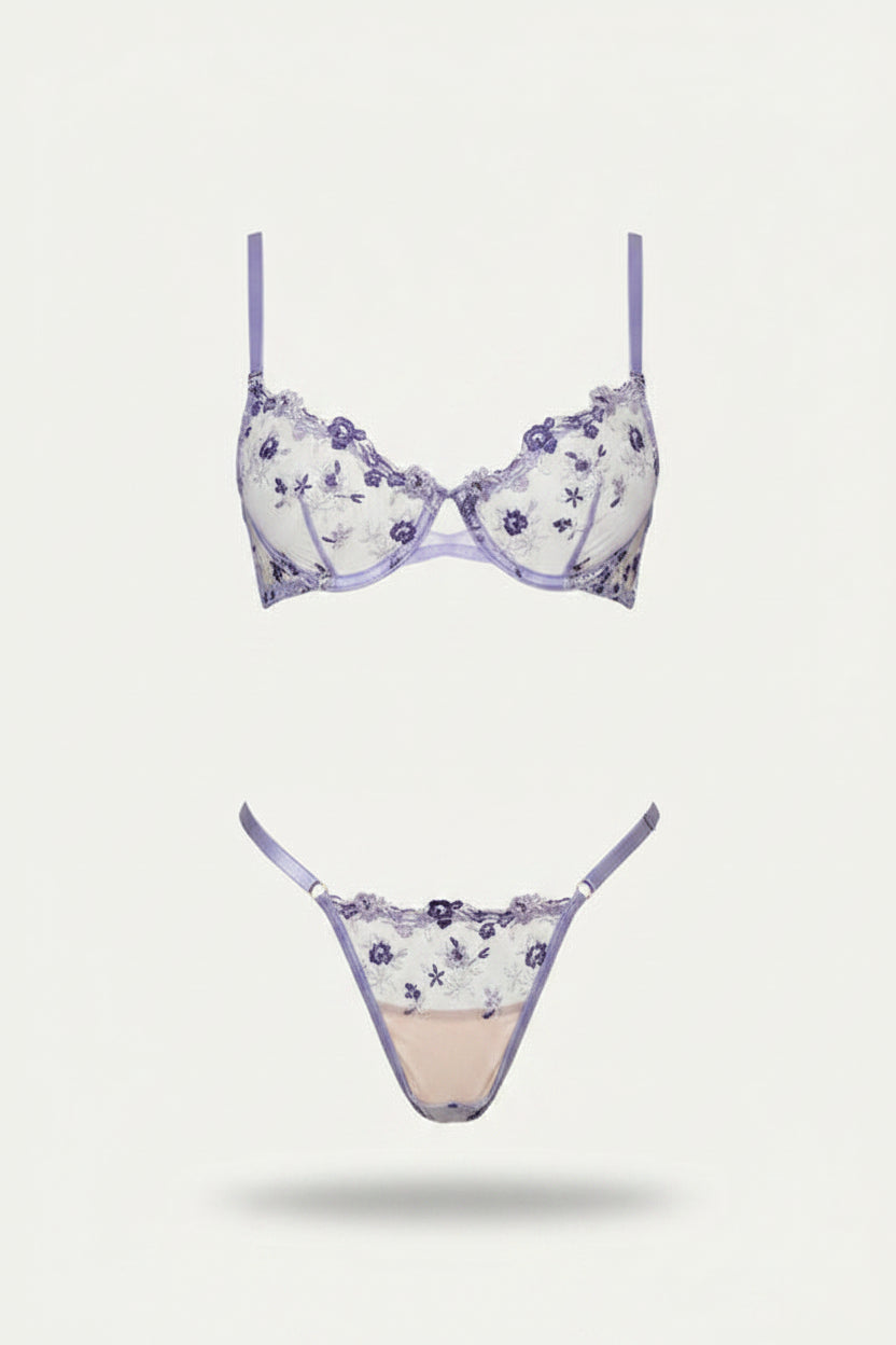 Women’s Embroidered Mesh Bra and Thong Set – Underwired Two-Piece Lingerie