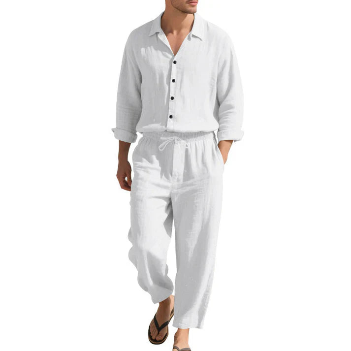 Set pentru bărbați din in, cămașă și pantaloni lejeri asortați